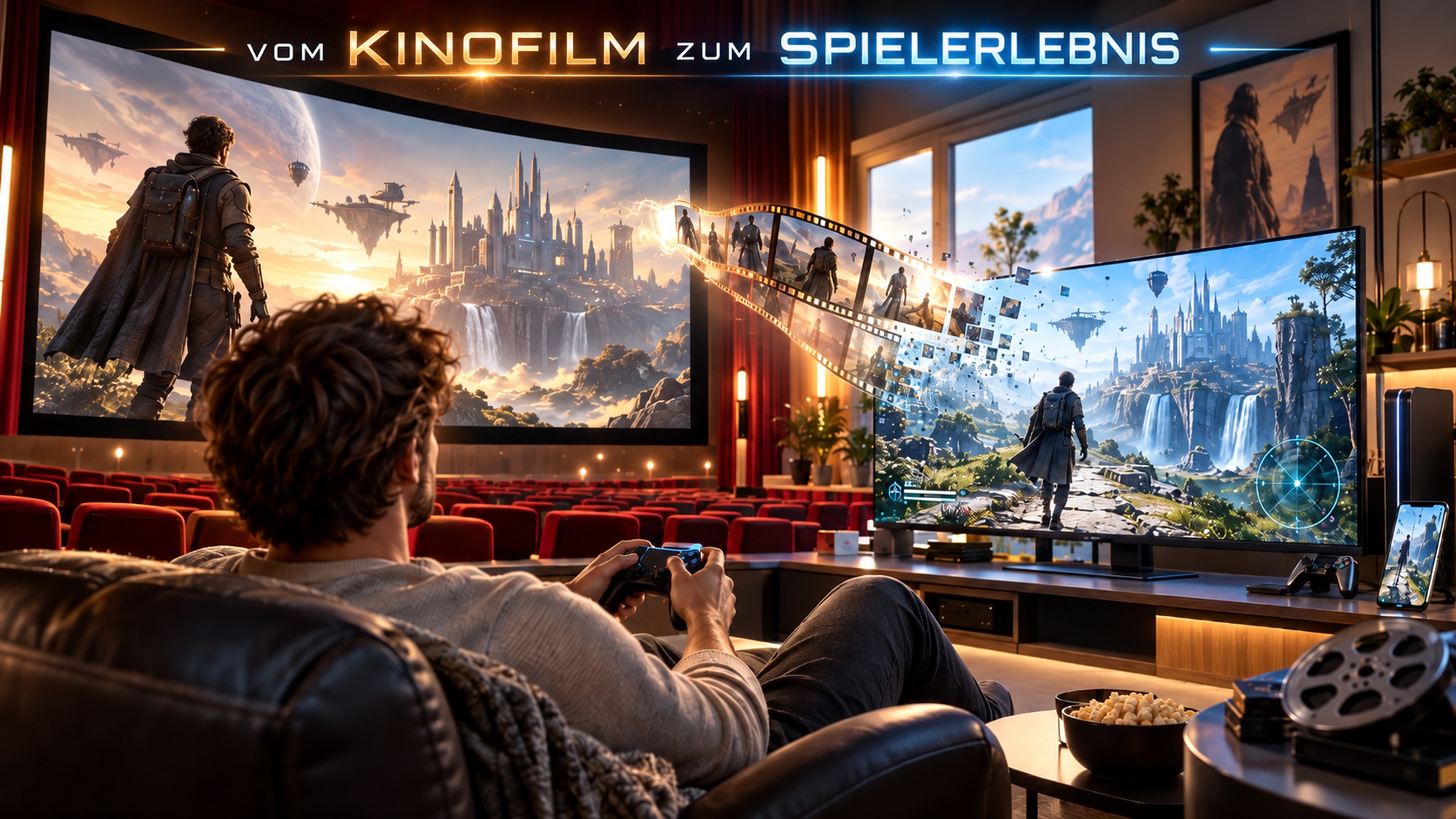Filmstreifen und moderner Bildschirm symbolisieren die Verschmelzung von Kinofilmen und digitalem Gaming am Beispiel von Blade Runner.